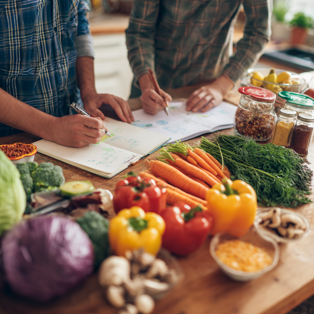 Adults planning balanced meals with fresh vegetables and healthy ingredients